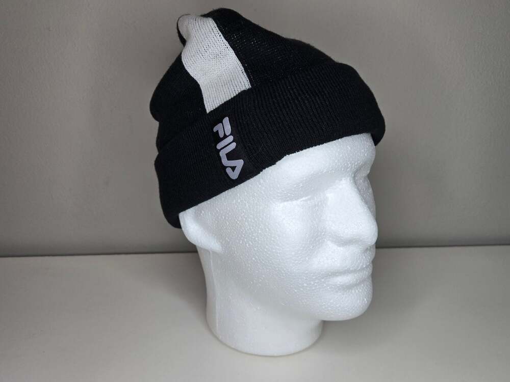 Fila Black and White Striped Slouchy Beanie Hat One Size